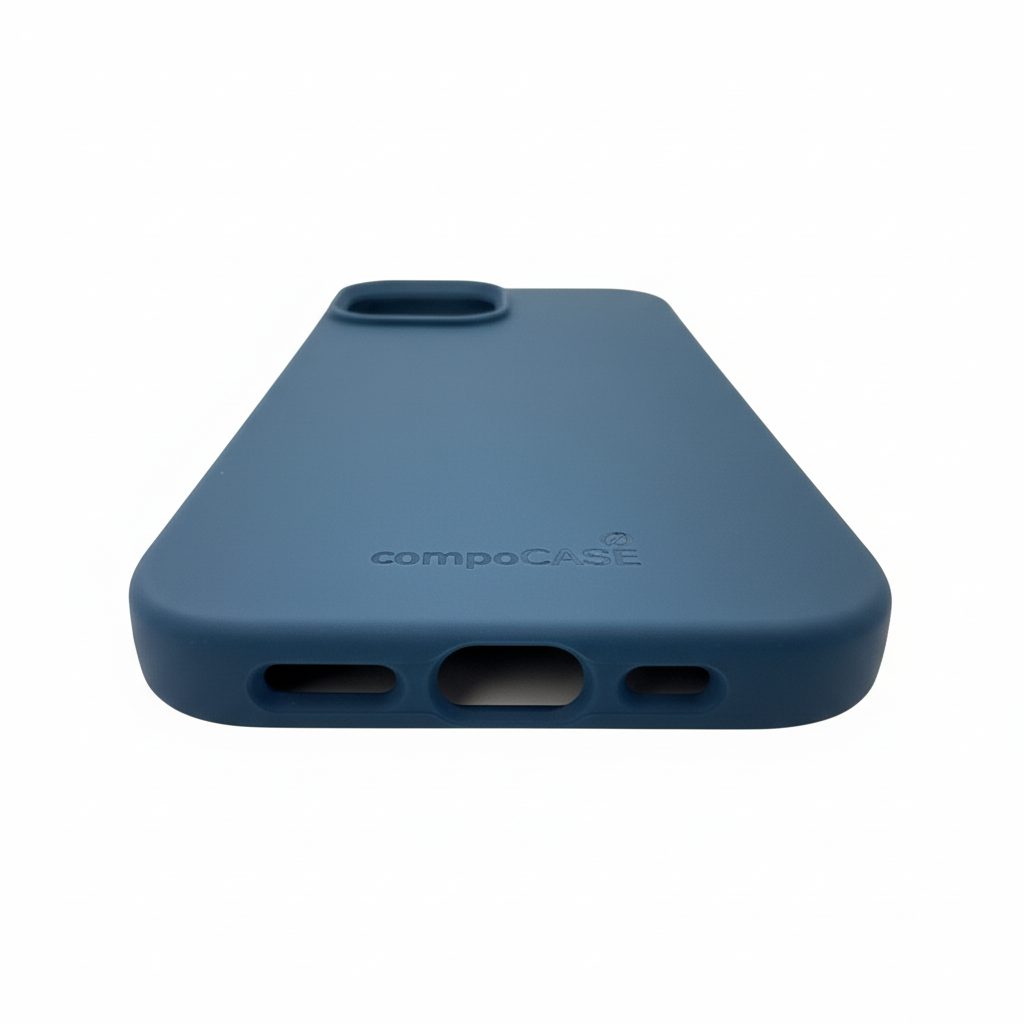 Nachhaltige iPhone 15 Hülle navy blau Ladekabel Anschluss