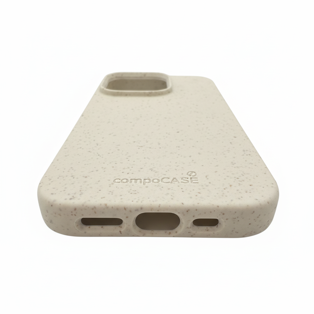 Nachhaltige iPhone 16 Pro Hülle weiß Ladekabel Anschluss