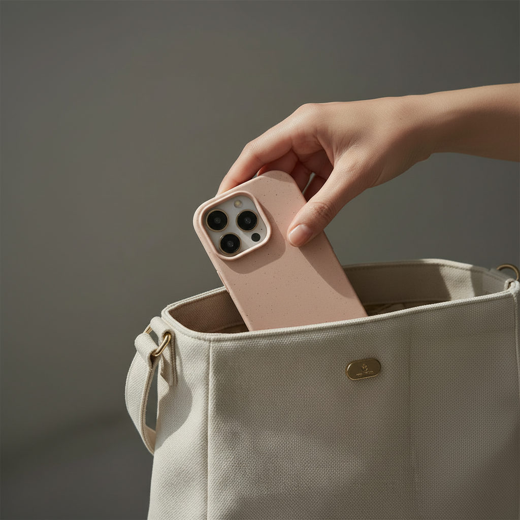 Nachhaltige iPhone Hülle rosa in der Hand im Alltagstest in die Tasche legen