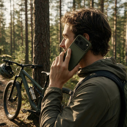 Mountainbiker telefoniert im Wald mit iPhone in compoCASE Handyhülle in Forest Green