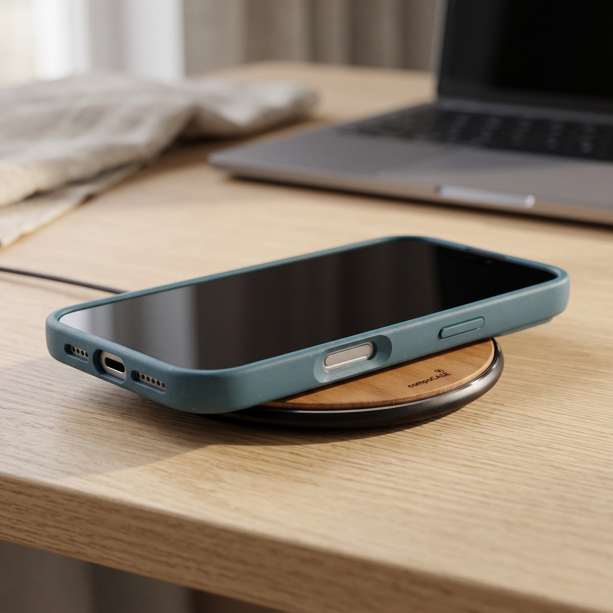 iPhone in compoCASE Handyhülle in Arctic Blue liegt auf einem Wood Wireless Charger mit graviertem compoCASE Logo