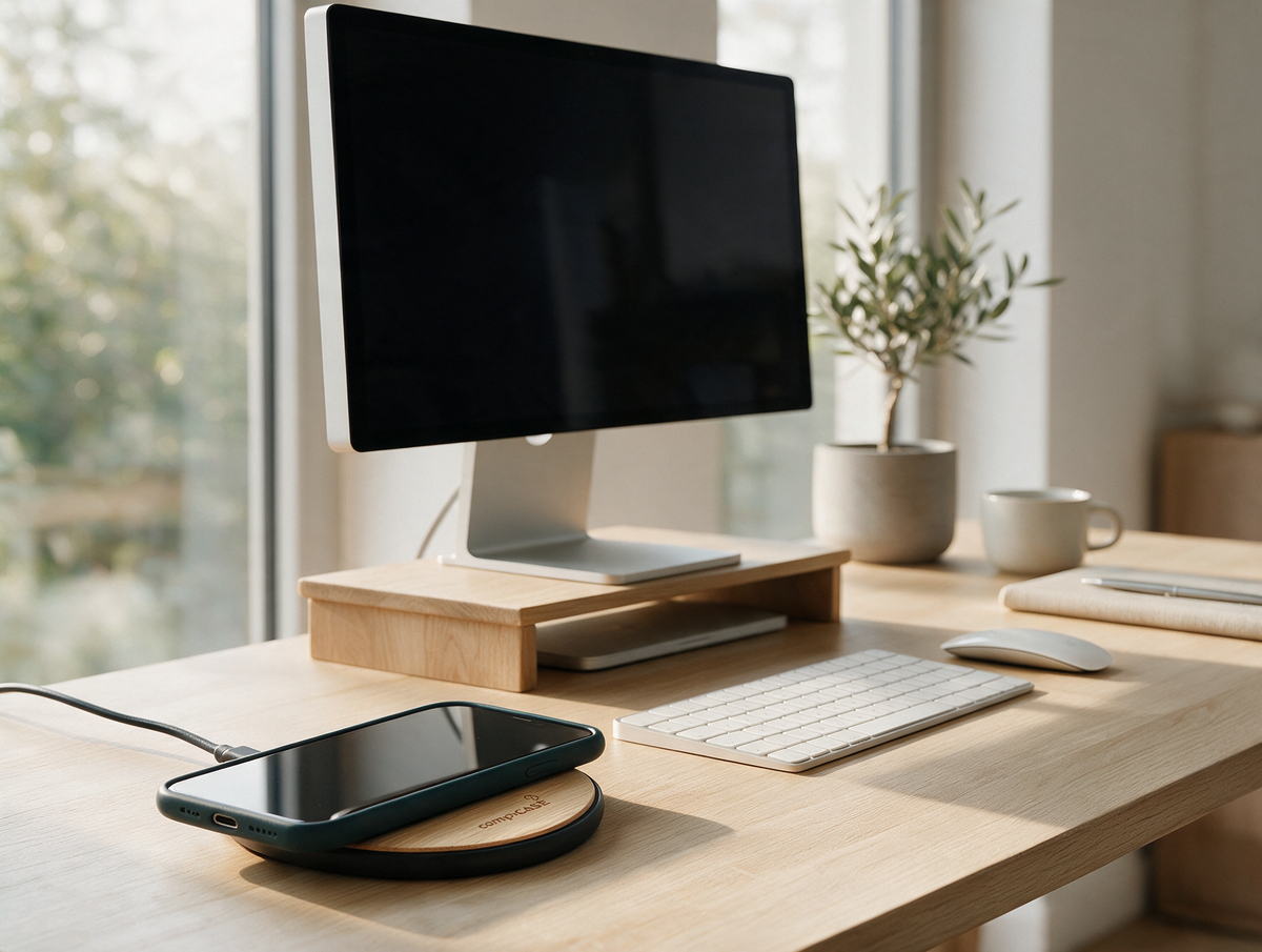 Holz-Ladestation Single mit iPhone auf einem Schreibtisch im Homeoffice