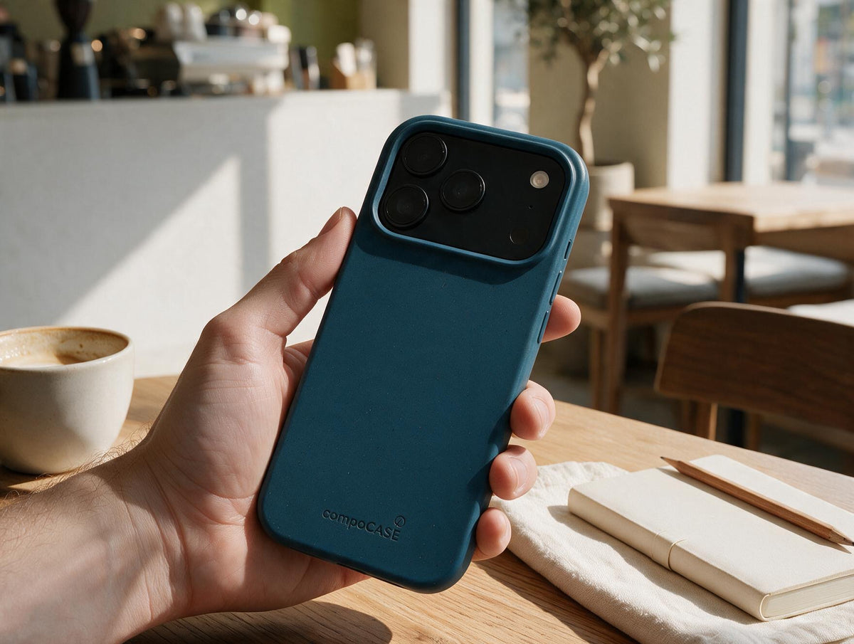 Hand hält ein iPhone in Arctic Blue Hülle in einem Café