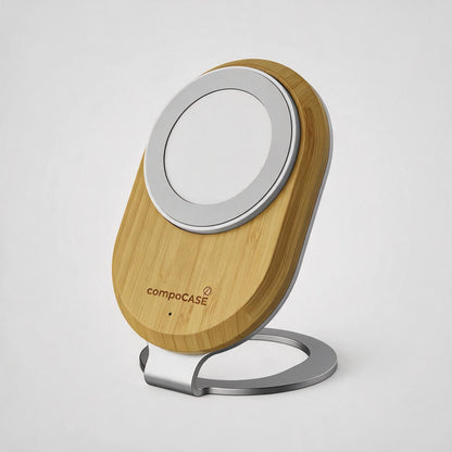 Magnetische Holz-Ladestation Single Pro aus hellem Holz mit silbernem Ständer