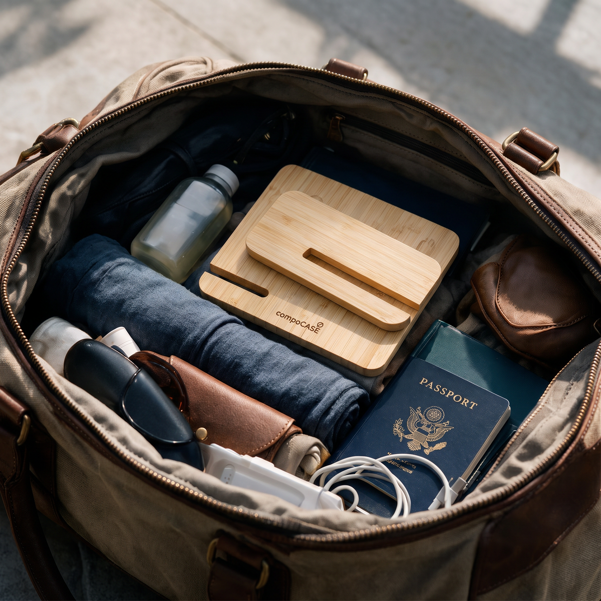 Zerlegte 3-in-1 Ladestation Triple aus Bambus in einer Reisetasche
