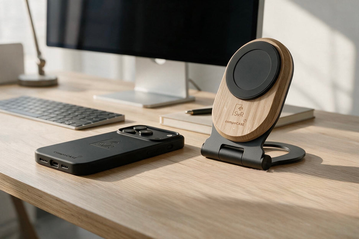 Magnetische Holz-Ladestation auf einem Schreibtisch neben einem iPhone in schwarzer Hülle