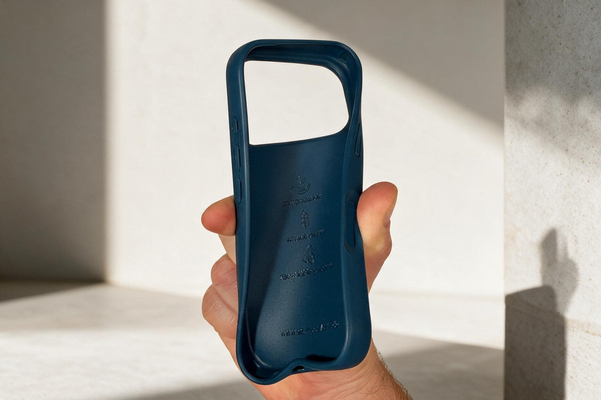 Hand biegt eine flexible compoCASE Hülle in Arctic Blue
