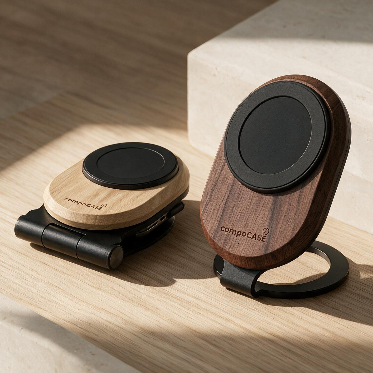 Faltbare Holz-Ladestation Single Pro neben einer Single Pro aus Walnuss auf einem Holztisch