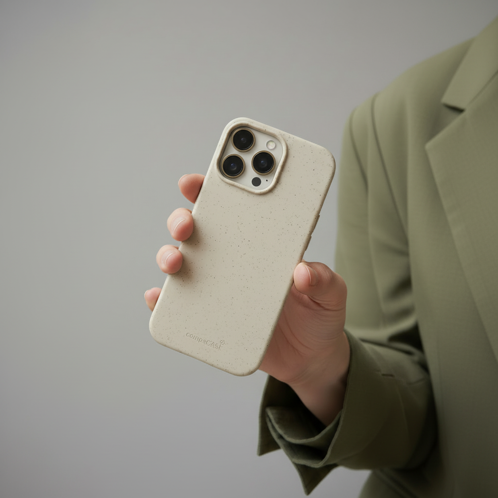 Hand hält ein iPhone in compoCASE Hülle, Rückseite